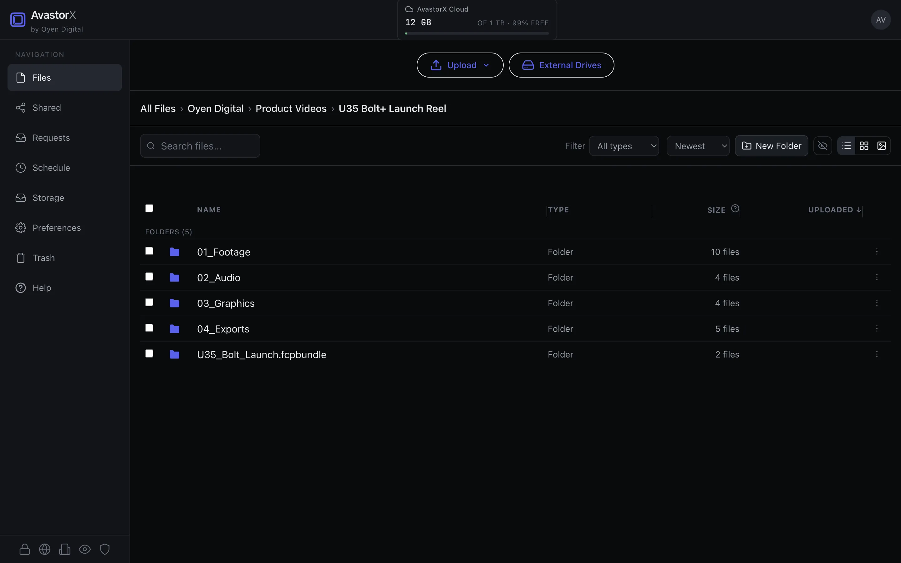AvastorX backup home — the file browser with the storage meter
