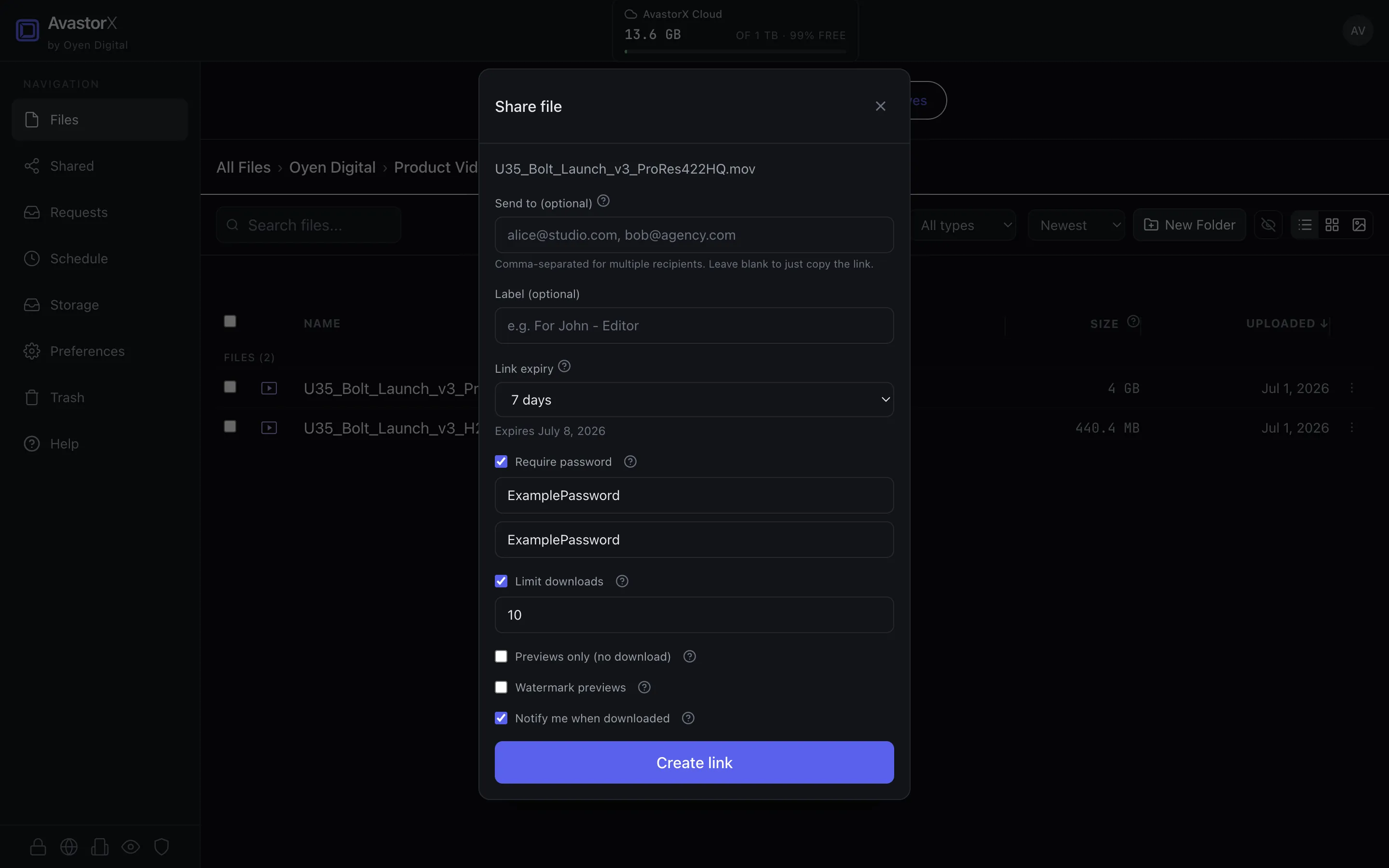 Creating a secure share link with password and expiry options